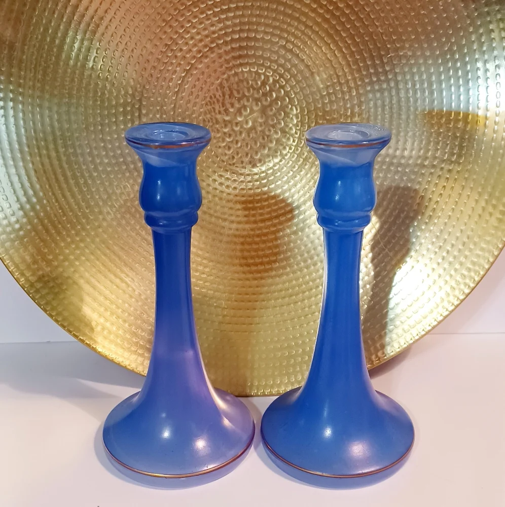 Pair Blue Art Deco Candlestick Holder by Tiffin Glass Circa 20's
